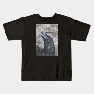 Black Raven Head Painting on Birch Bark - Gothic Bird Art Kids T-Shirt